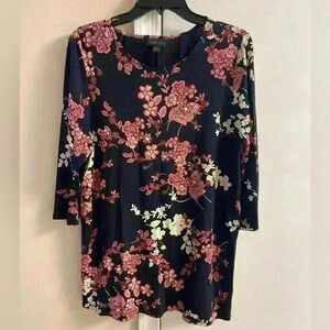 J Jill wearever collection tunic top black floral‎ crewneck Large Petite